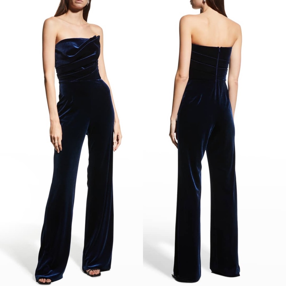 Tadashi Shoji Strapless Gisela Plush Velvet Jumpsuit Navy Blue Size 10